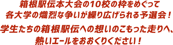 箱根駅伝本大会の10校の枠をめぐって各大学の熾烈な争いが繰り広げられる予選会! 学生たちの箱根駅伝への想いのこもった走りへ、熱いエールをおおくりください!